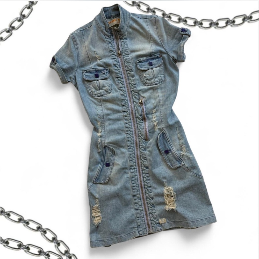 MET Unique Italy Distressed Zip-Up Denim Mini Dress 💿